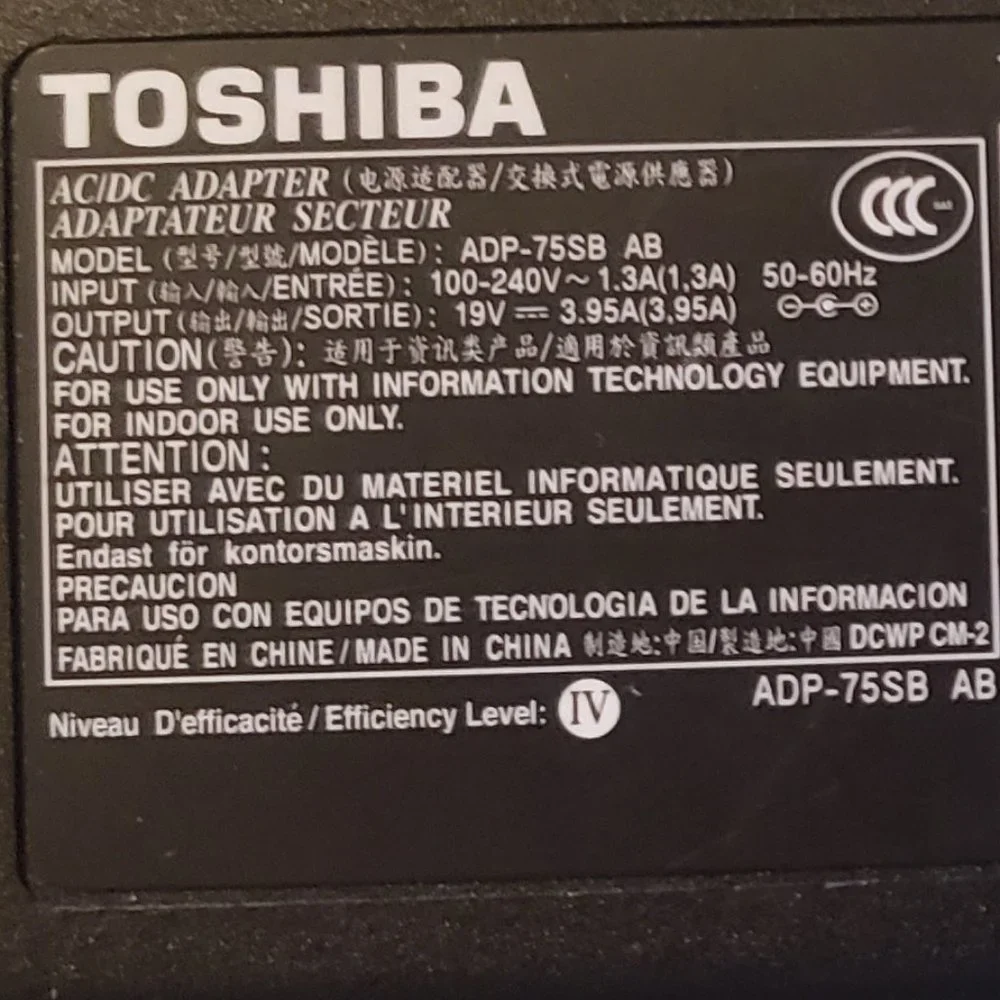Toshiba Laptop Power Adapter 19V - 3.5A